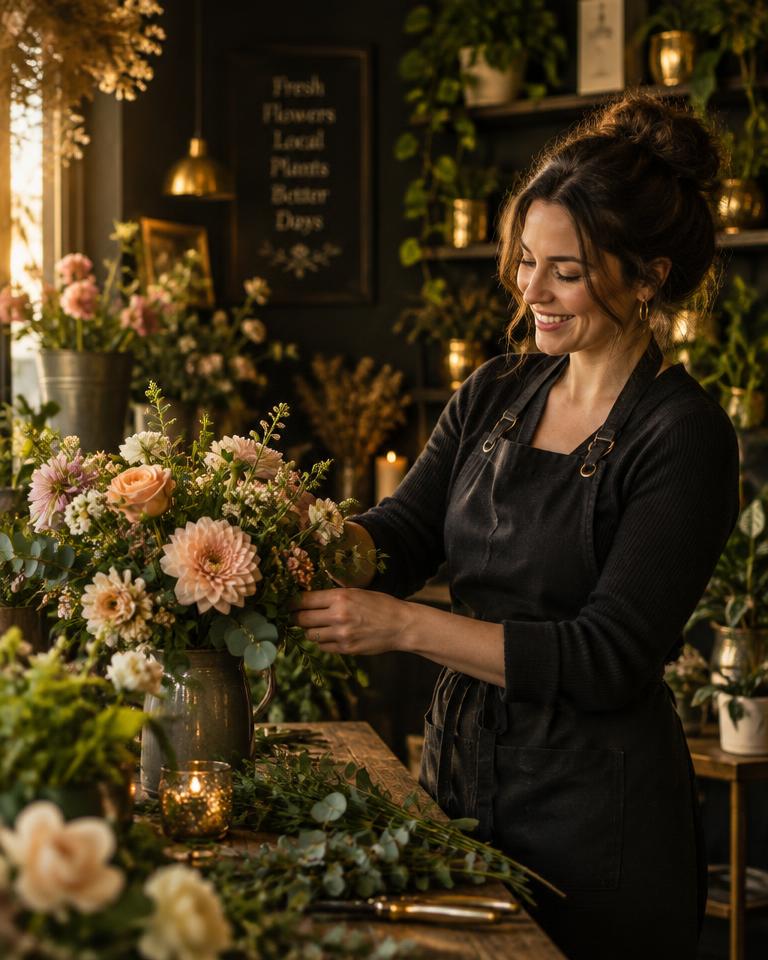 Florist arranging flowers in her shop